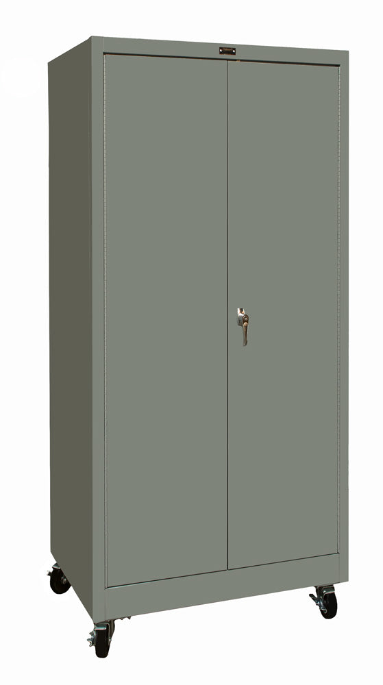 Gray storage cabinet with wheels on a white background
