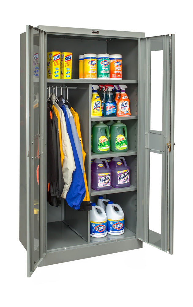 Gray storage cabinet with cleaning supplies and clothes on a white background