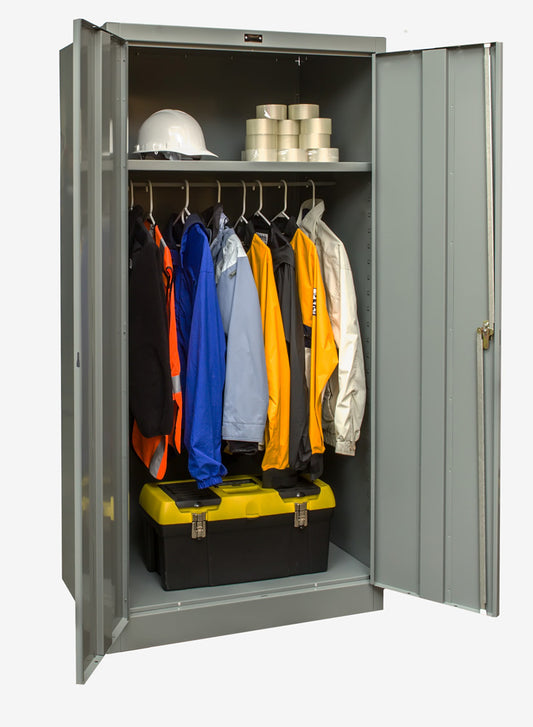 Gray storage cabinet with clothes, helmets, and tools inside on a white background