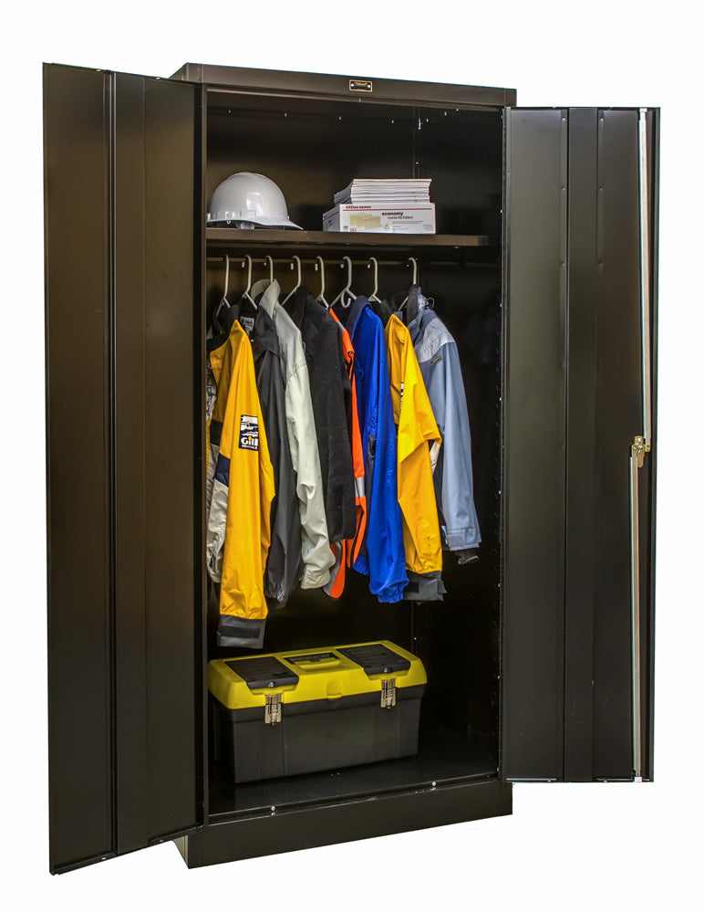 Clothing storage cabinet with jackets, a hard hat, and a toolbox inside.