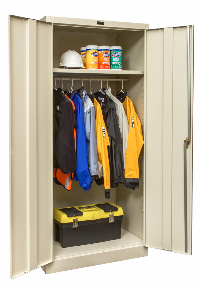 Beige storage cabinet with hanging clothes, tools, and supplies on a white background