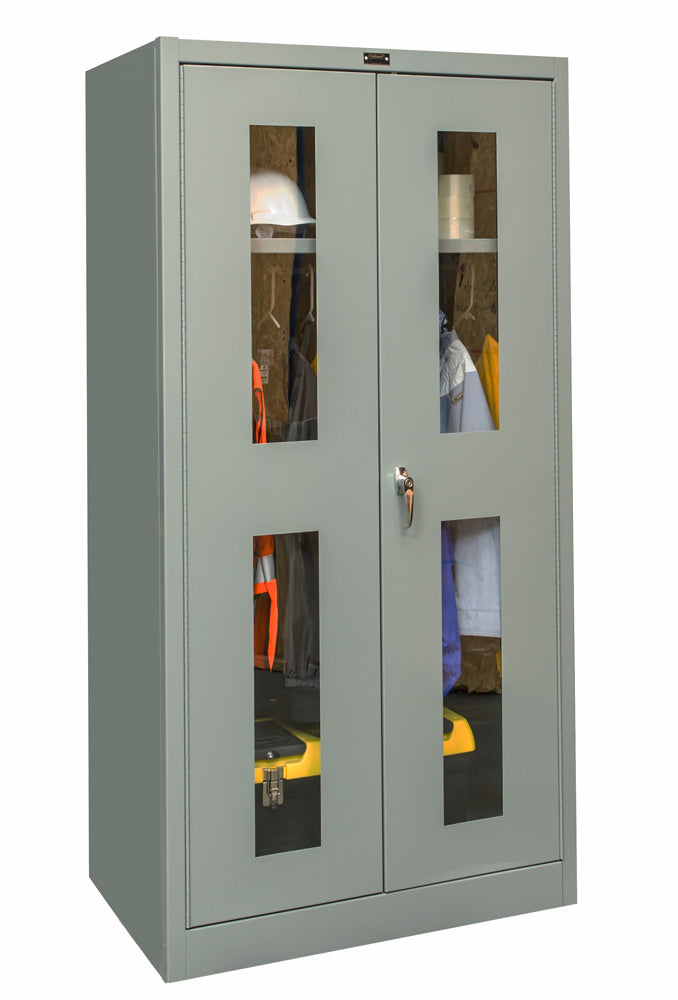 Gray storage cabinet with transparent doors displaying various items on a white background