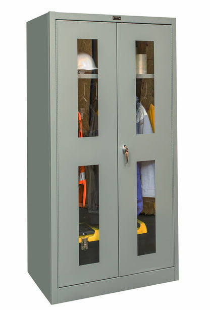 Gray storage cabinet with transparent doors displaying various items on a white background