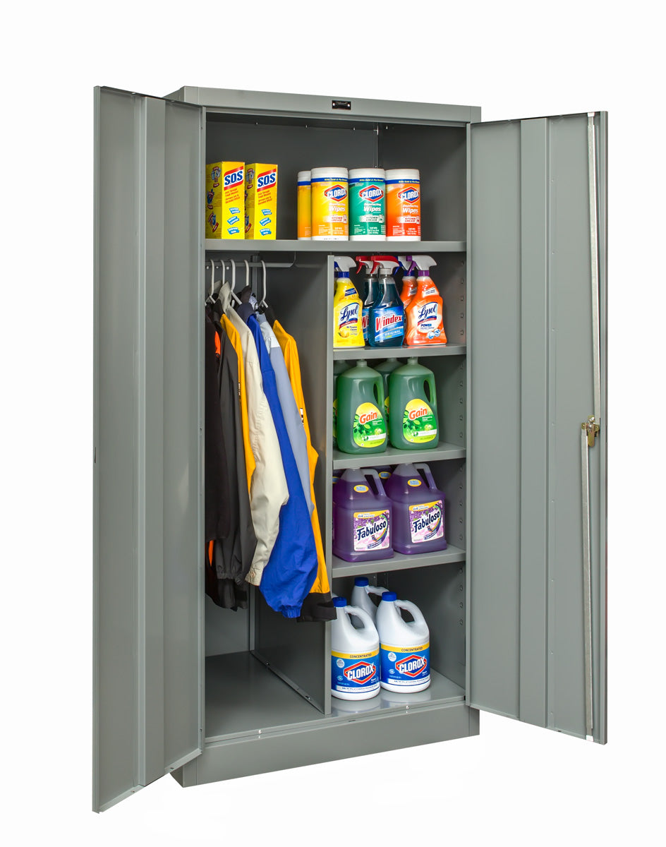 Gray storage cabinet with clothes and cleaning supplies on a white background