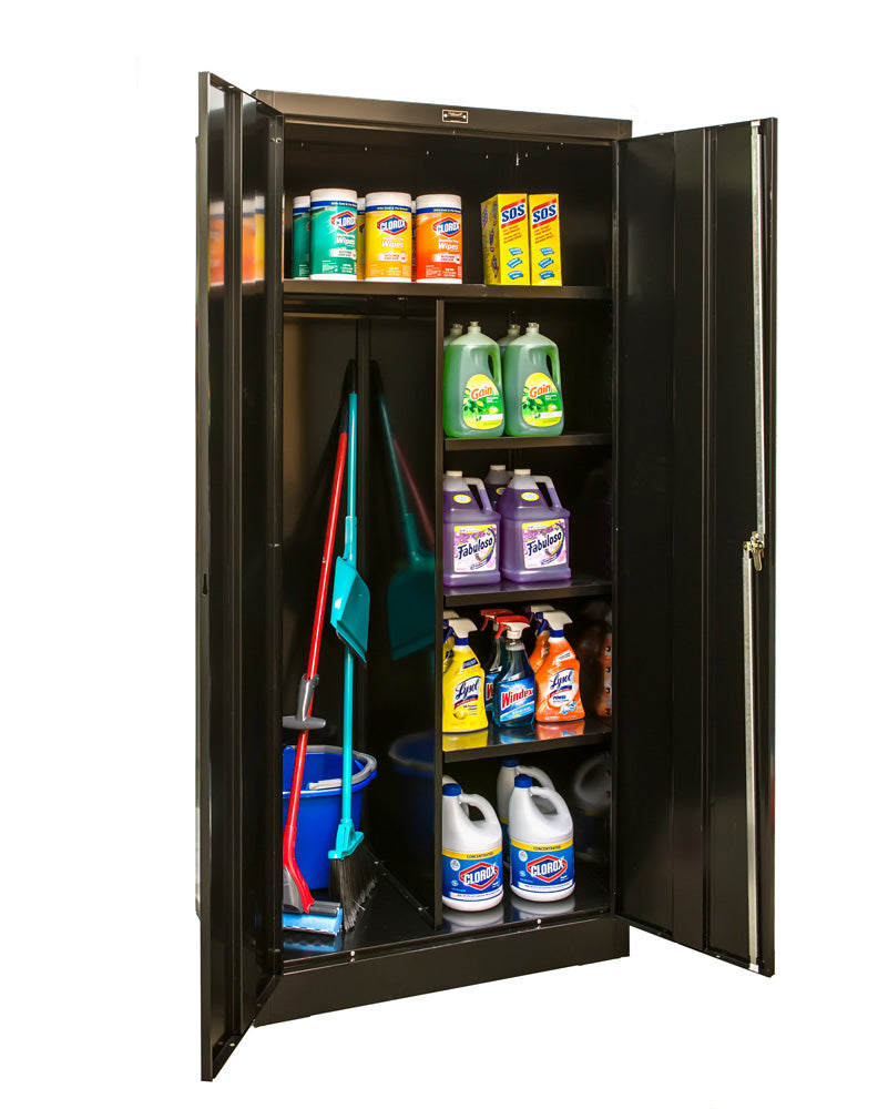 Black storage cabinet with cleaning supplies inside on a white background