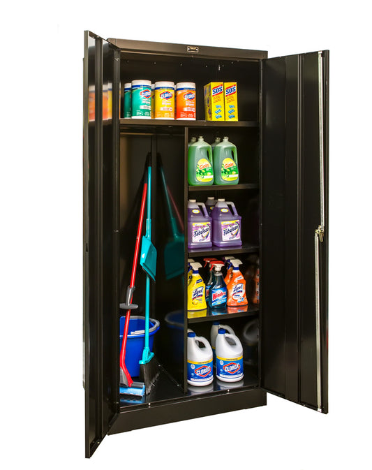 Black storage cabinet with cleaning supplies inside on a white background