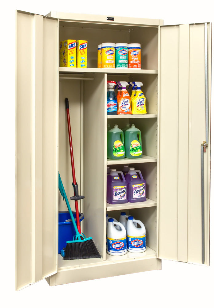 Beige storage cabinet with cleaning supplies on a white background