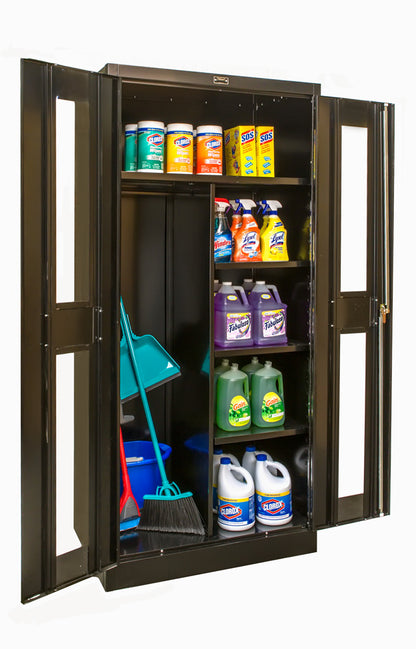Storage cabinet with cleaning supplies inside on a white background
