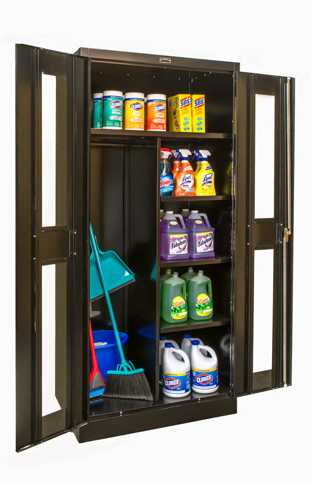Storage cabinet with cleaning supplies inside on a white background