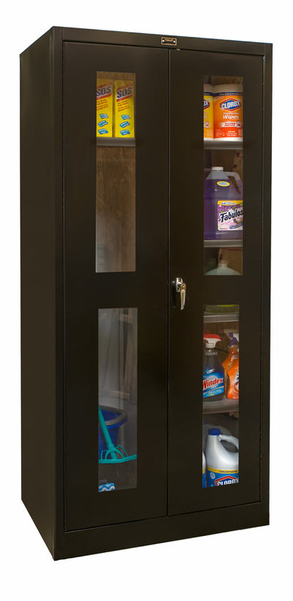 Black storage cabinet with glass doors displaying various products on a white background