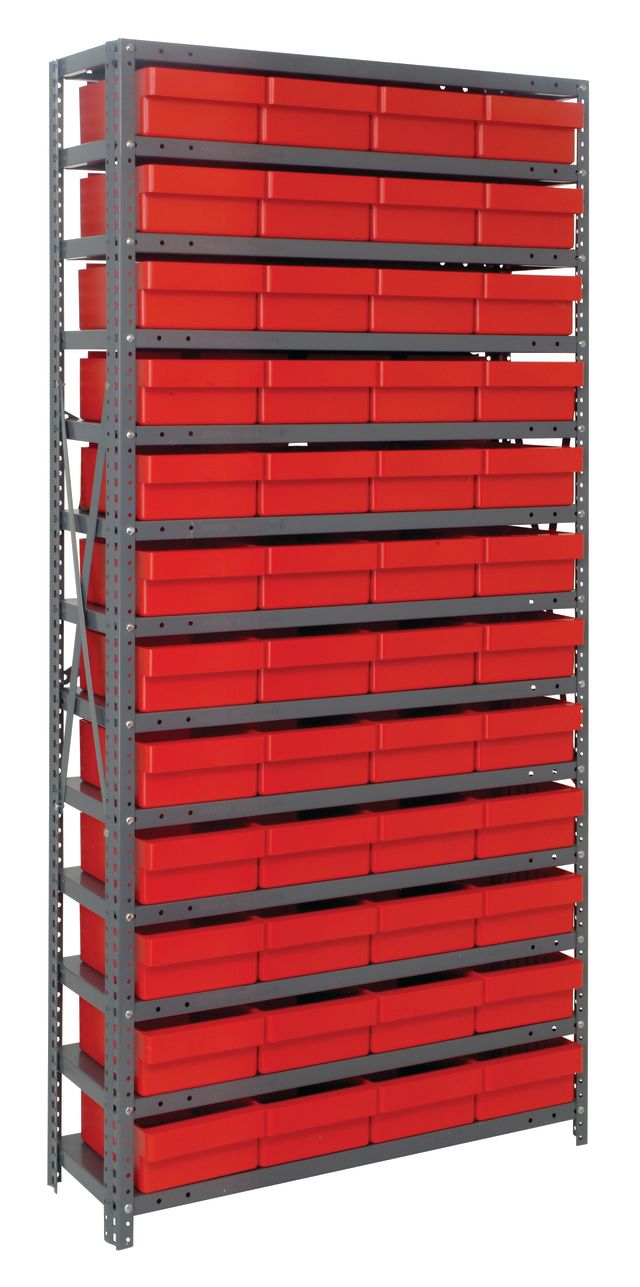 Storage rack with red bins on a white background