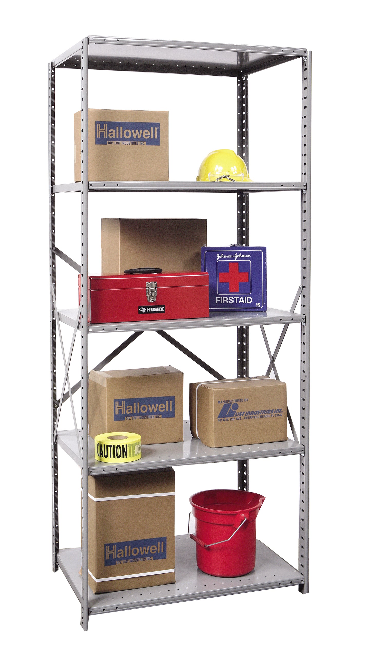 Metal shelving unit with various boxes and items on a white background