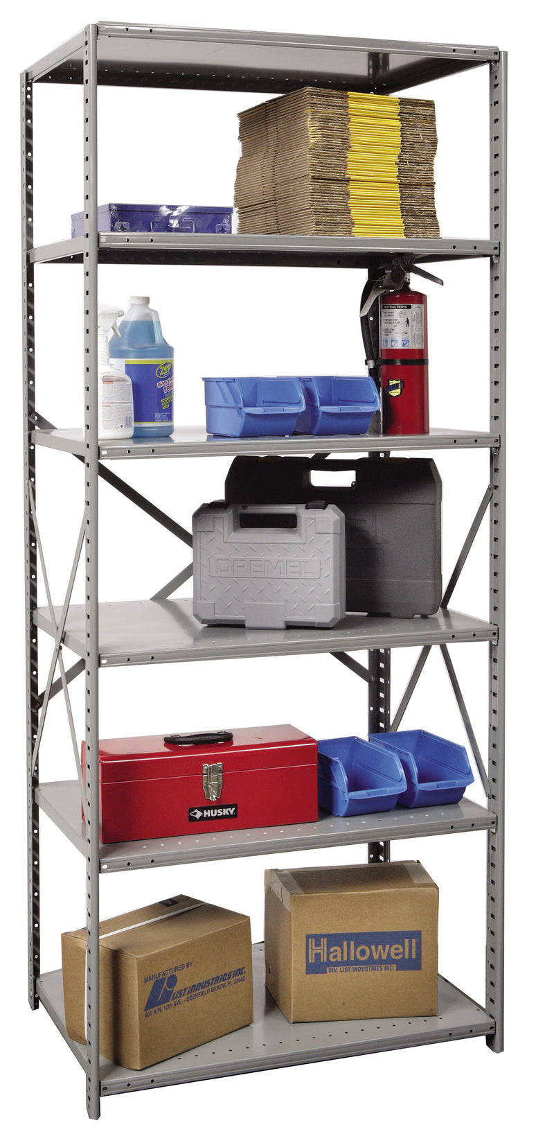 Metal storage rack with various items including boxes, bottles, and a fire extinguisher on a white background.
