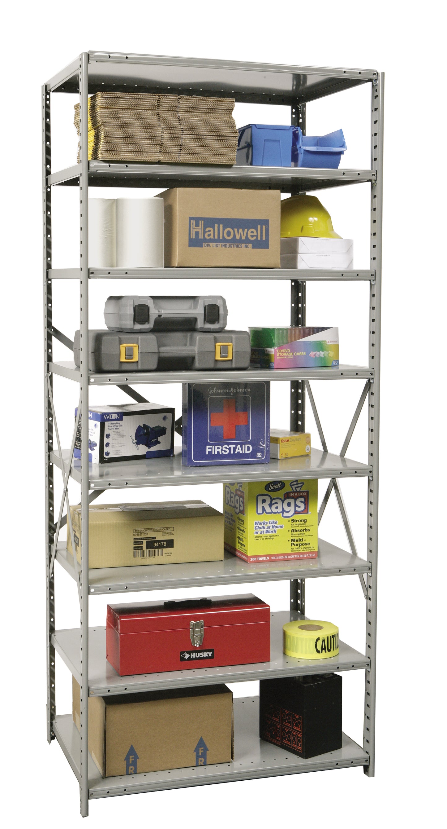 Metal shelving unit with various boxes and items on a white background