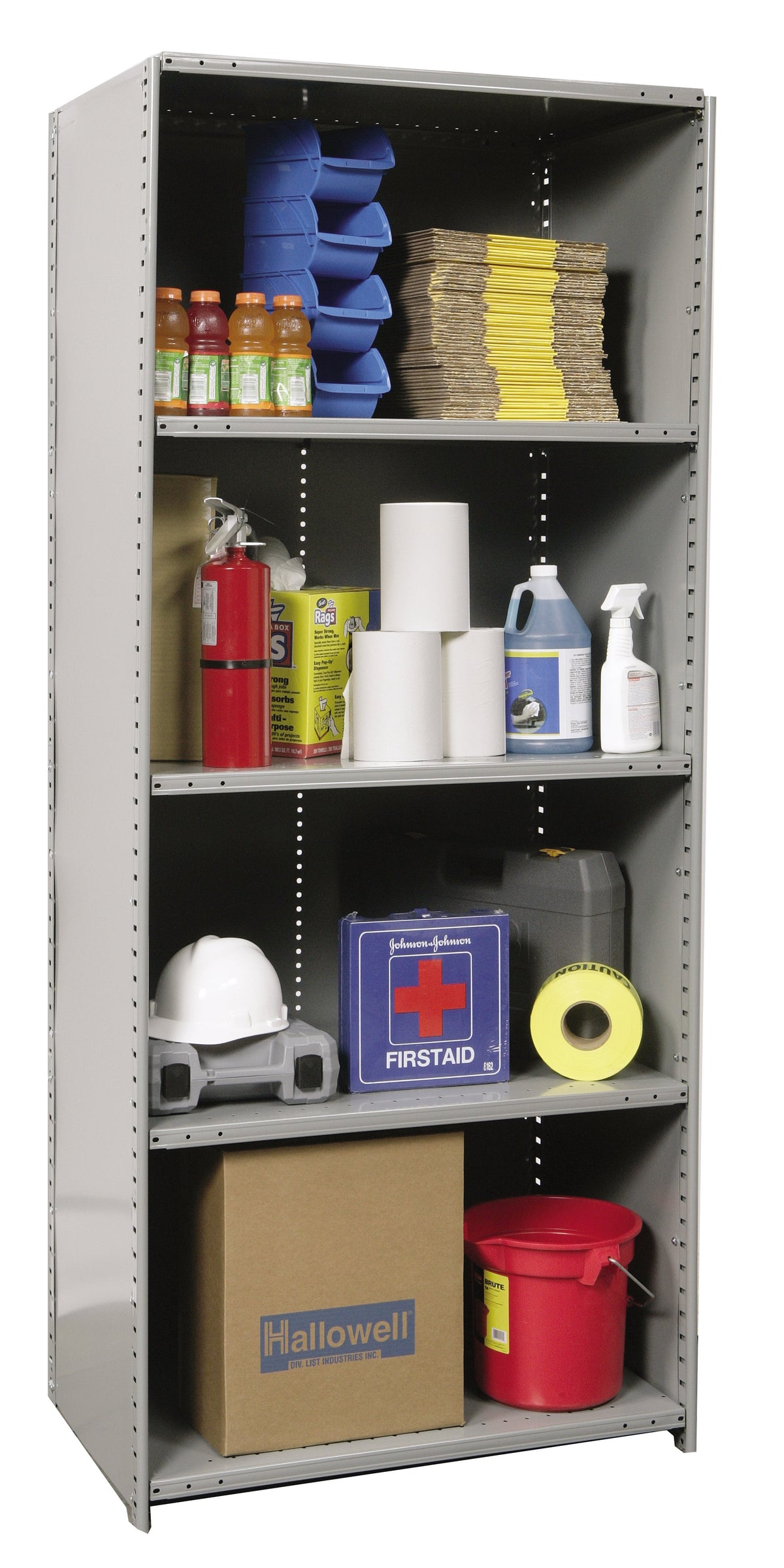 Metal storage cabinet with various items including bottles, boxes, and safety gear.