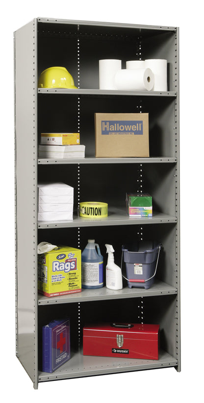 Metal storage shelf with various items including boxes, bottles, and a toolbox.