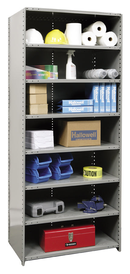 Metal storage shelf with various items including boxes, bottles, and tools.