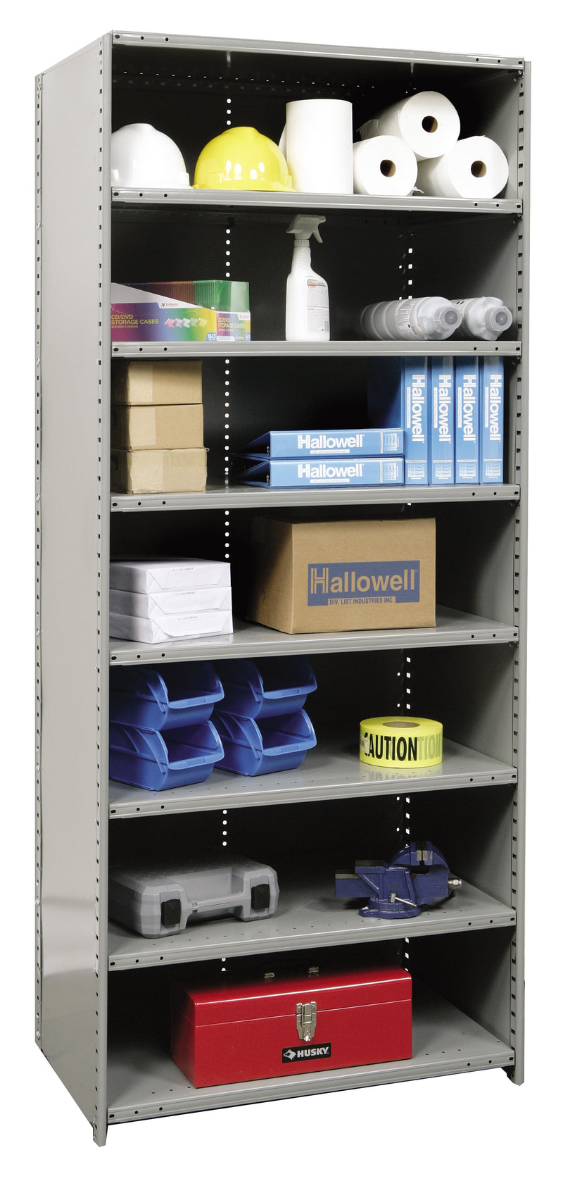 Metal storage shelf with various items including boxes, bottles, and tools.