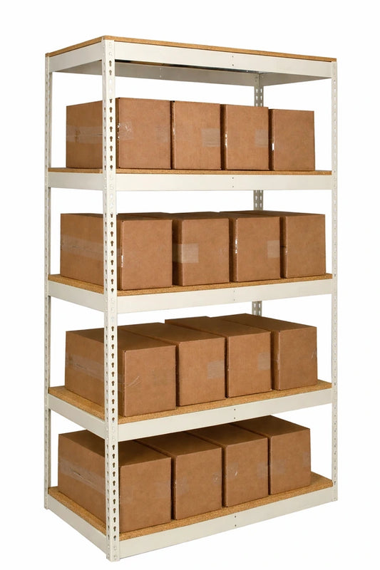 Storage rack with cardboard boxes on a white background