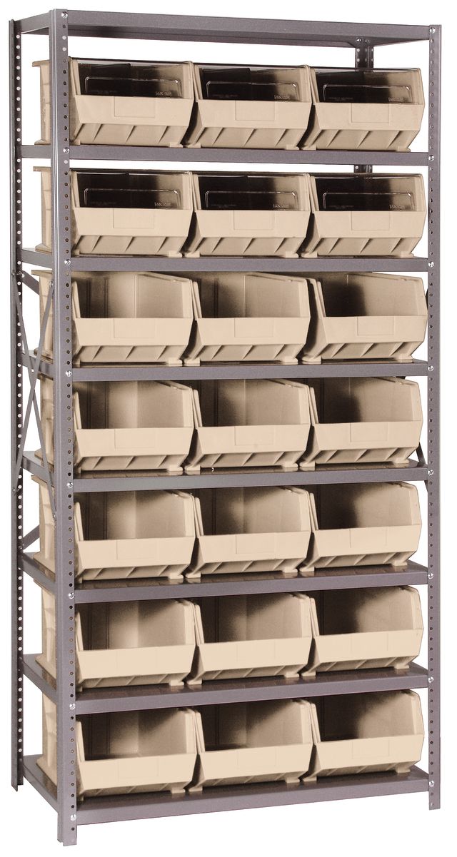 Storage rack with multiple beige bins on a gray metal frame