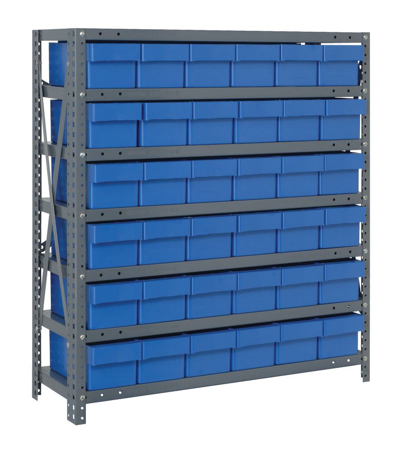 Storage rack with blue bins on a white background