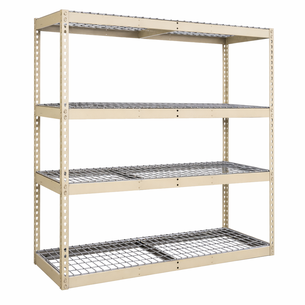 Metal shelving unit with four wire shelves on a white background