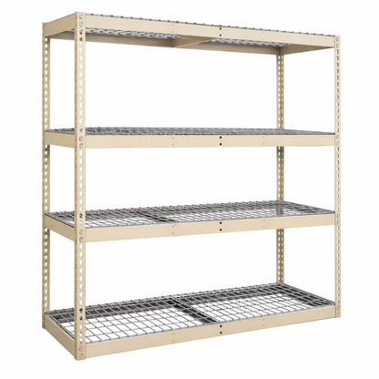 Metal shelving unit with four wire shelves on a white background