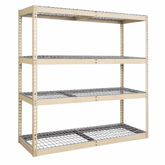 Metal shelving unit with four wire shelves on a white background