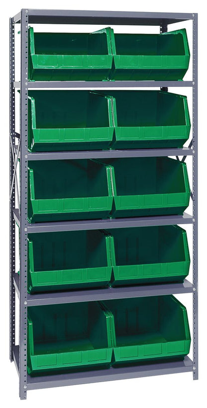 Metal shelving unit with green storage bins on a gray background