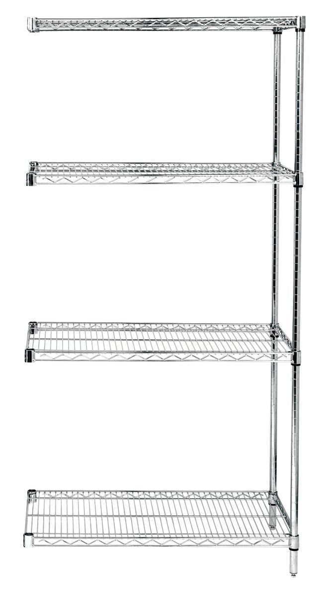 Metal shelving unit with five shelves on a white background