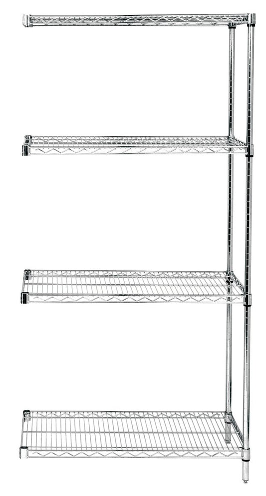 Metal shelving unit with five shelves on a white background