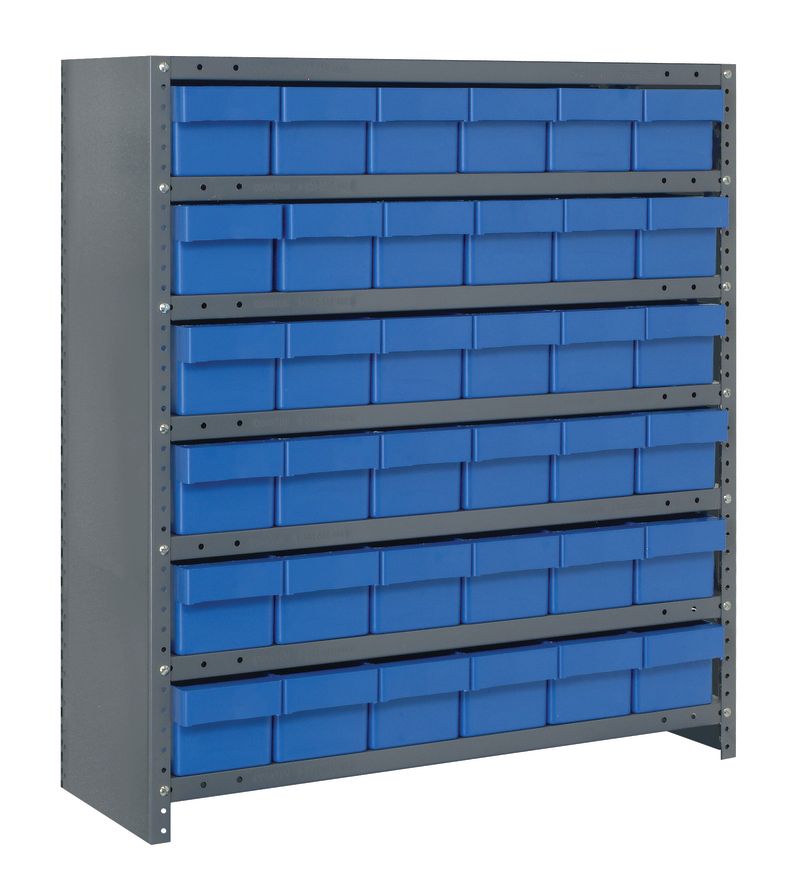 Storage rack with blue bins on a white background