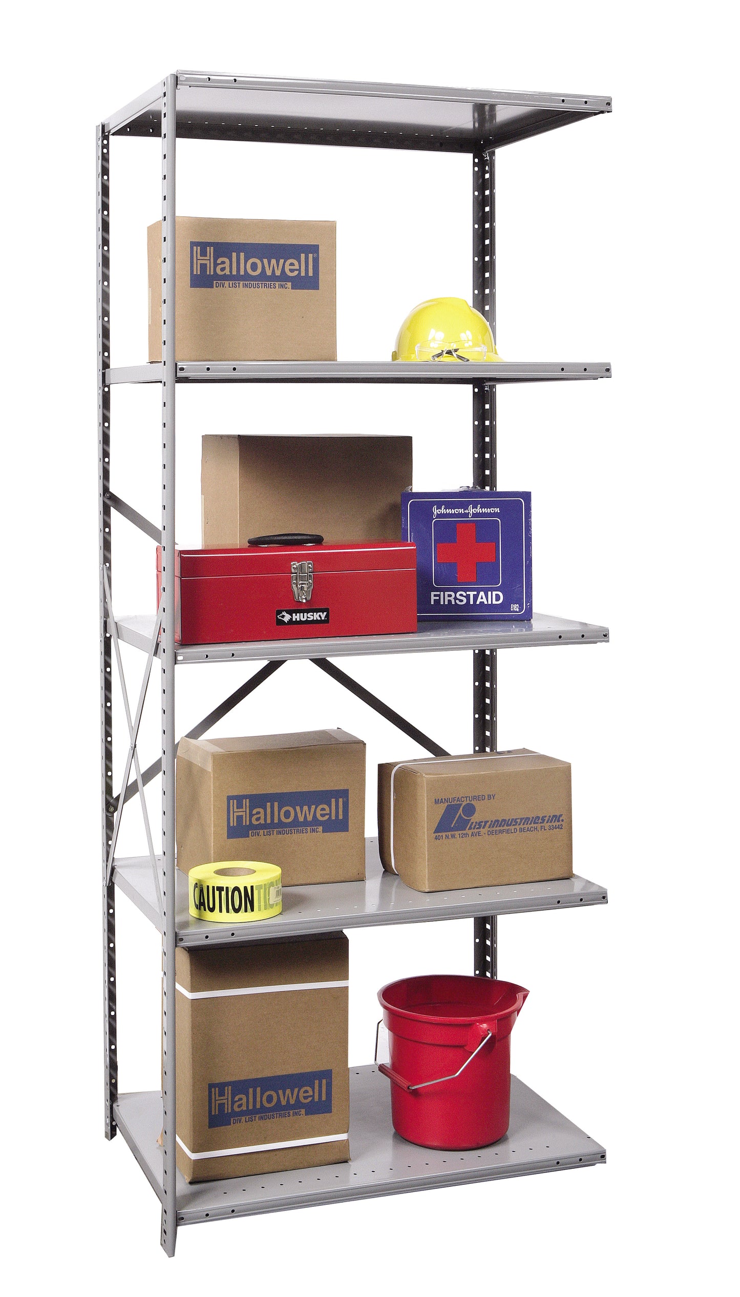 Metal shelving unit with various boxes and a bucket on a white background