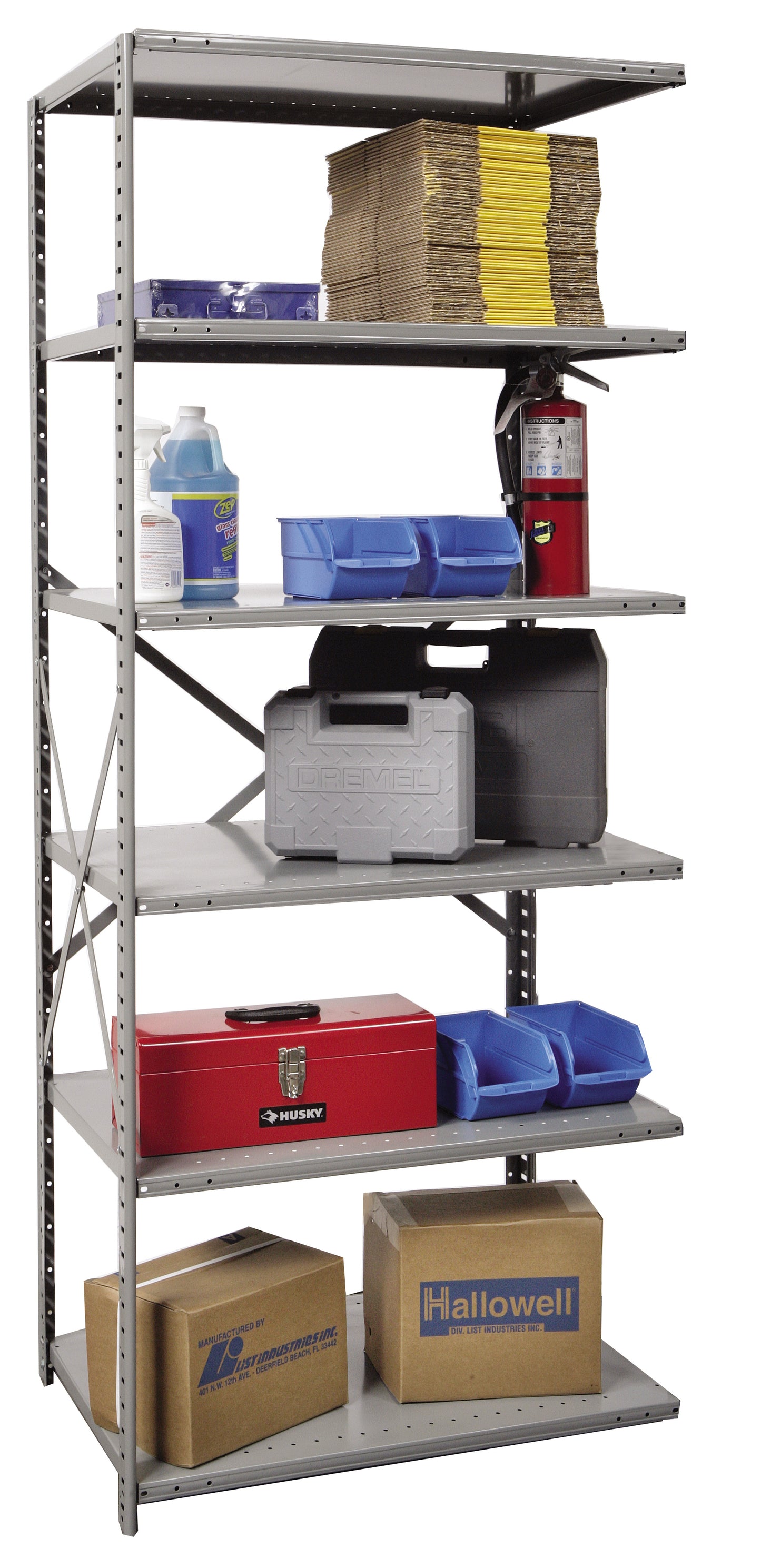 Metal shelving unit with various items including boxes, bottles, and a fire extinguisher on a white background.