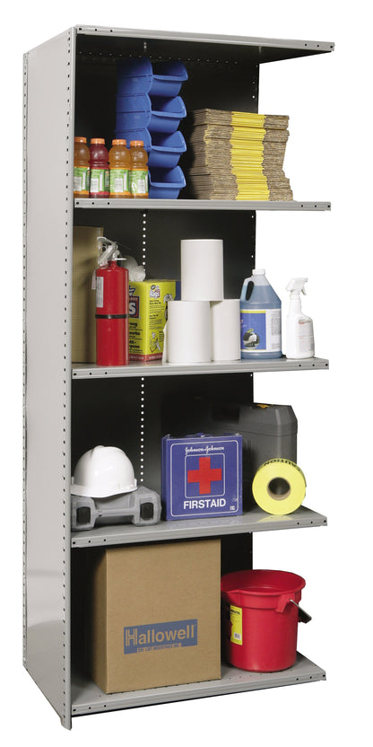 Storage shelf with various safety supplies including a hard hat, fire extinguisher, and boxes.