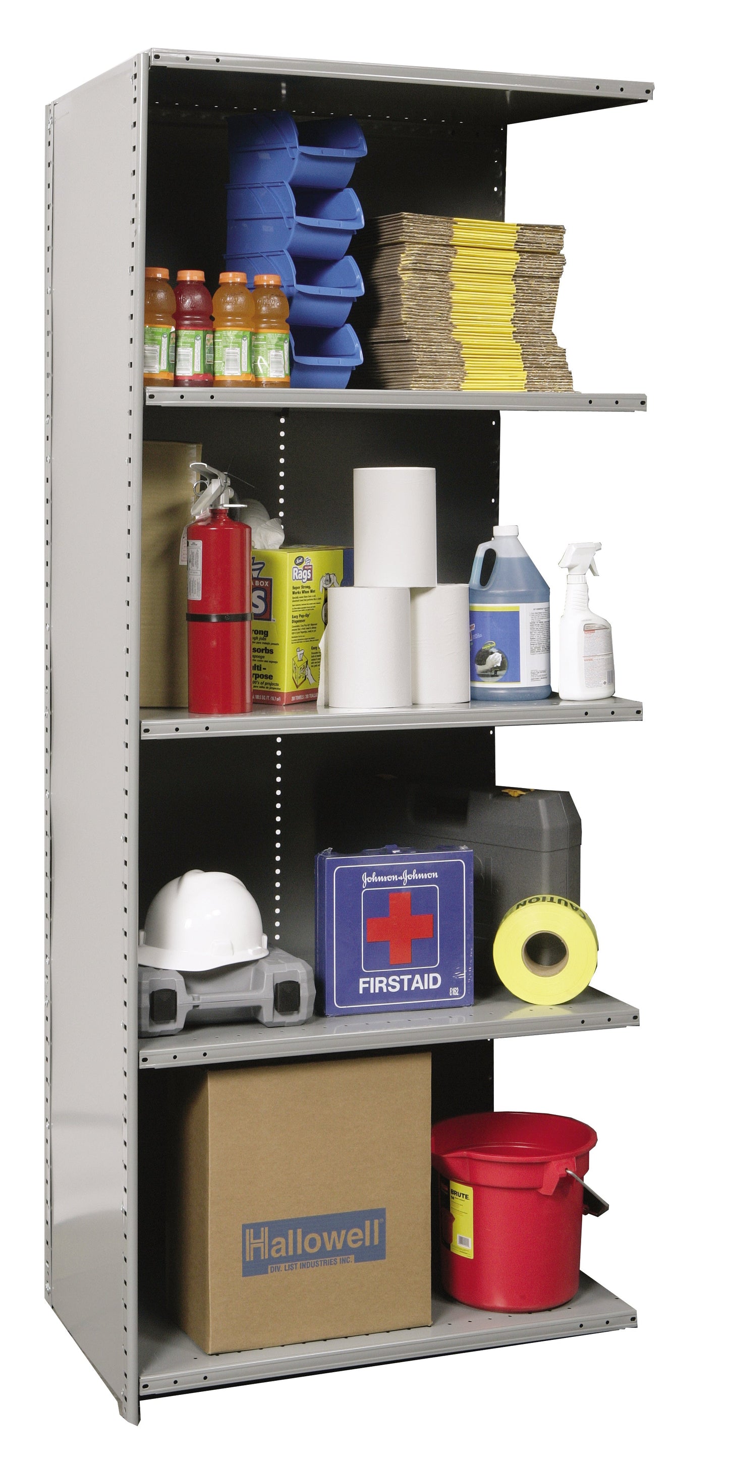 Storage shelf with various safety supplies including a hard hat, fire extinguisher, and boxes.