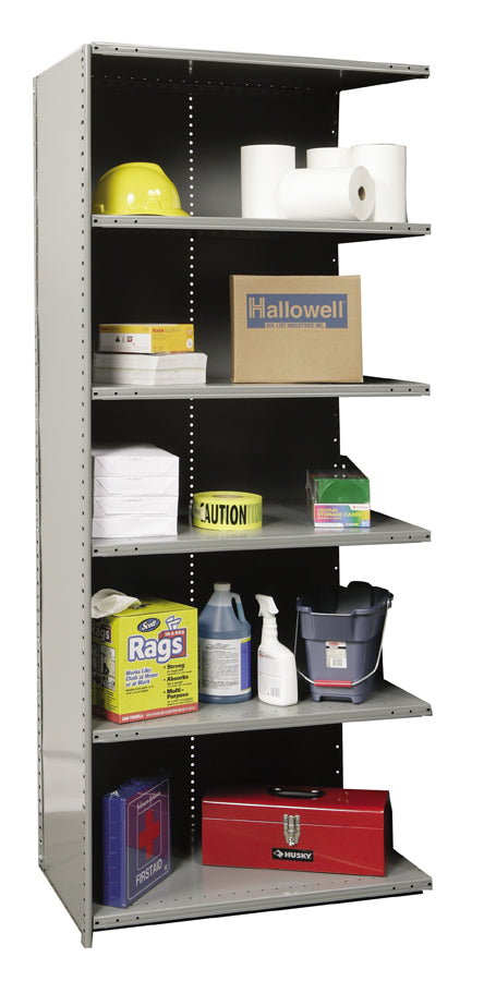 Metal storage shelf with various items including boxes, containers, and safety equipment.