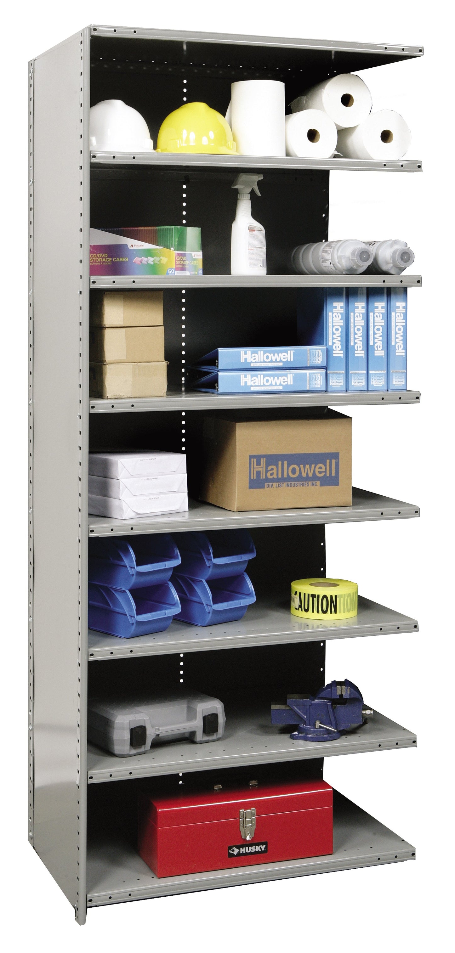 Metal storage shelf with various items on shelves