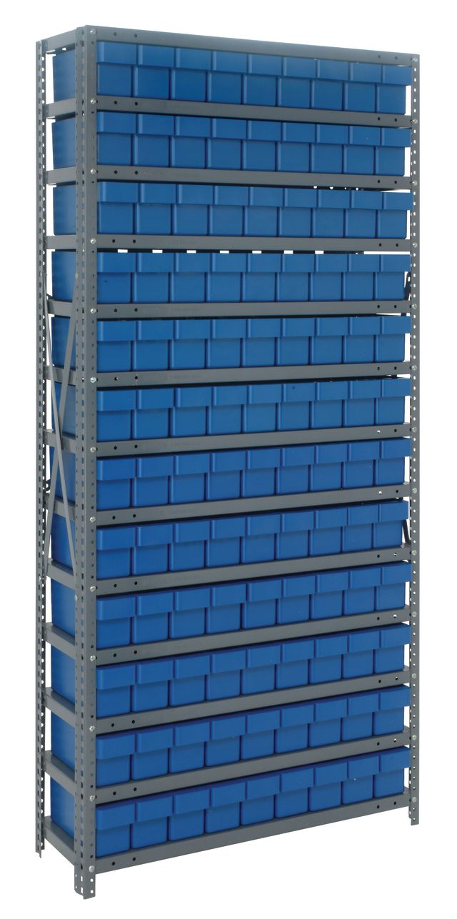 Storage rack with blue bins on a white background