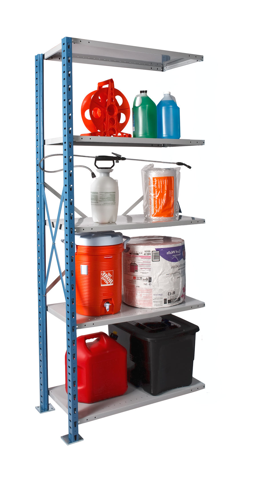 Storage rack with various containers on a white background