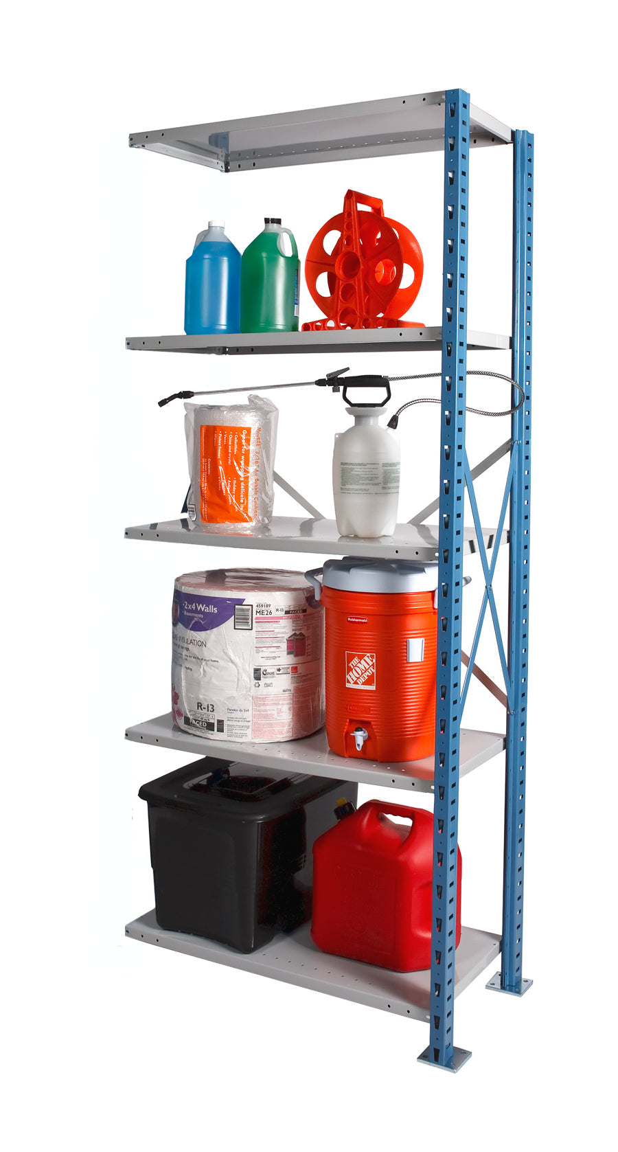 Storage rack with various containers on a white background