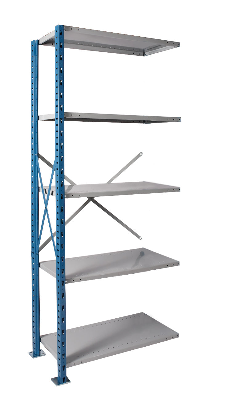 Metal shelving unit with blue frame and gray shelves on a white background
