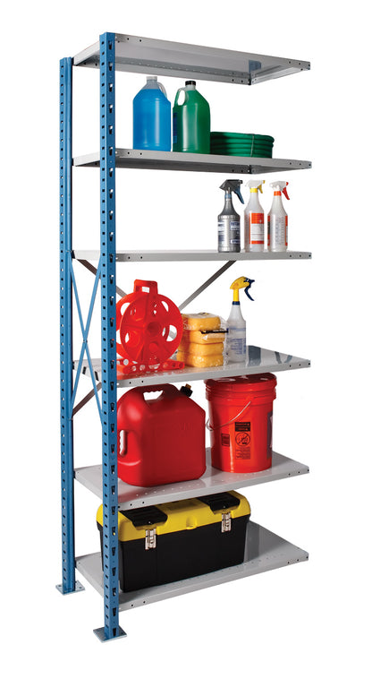Metal shelving unit with various items including jerry cans, bottles, and tools on a white background