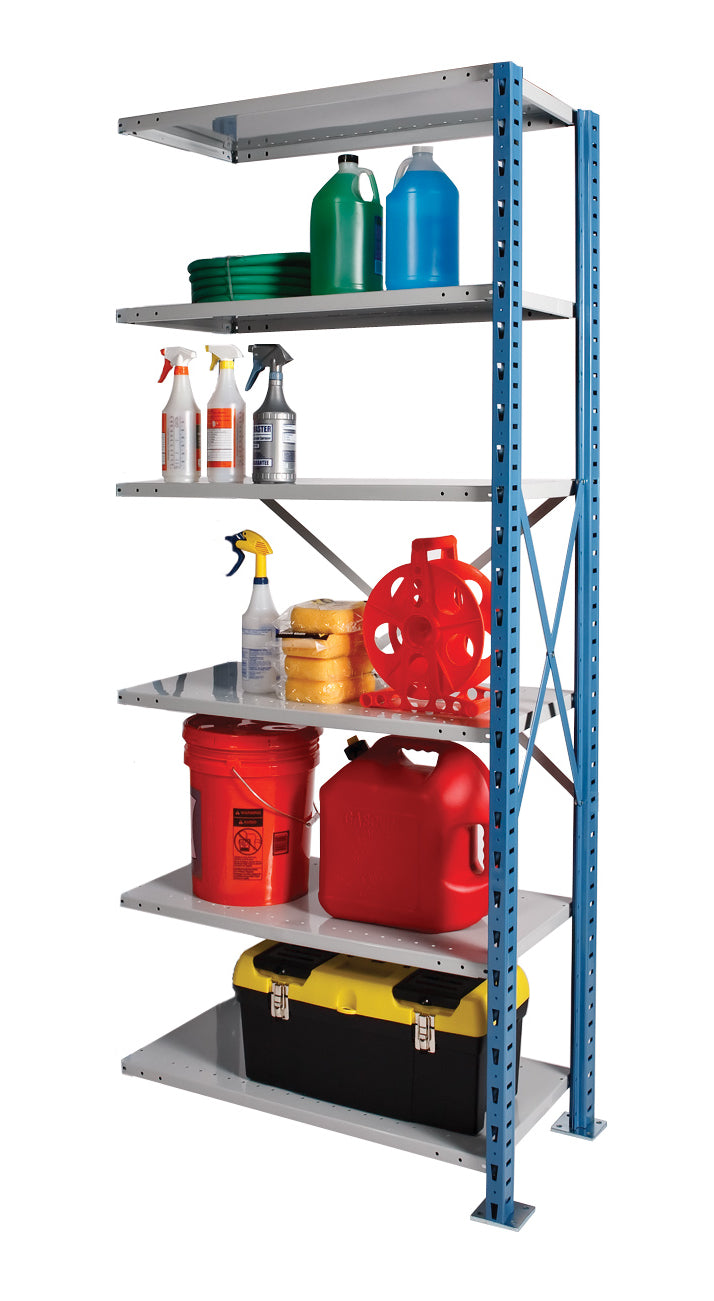 Metal shelving unit with various items including jerry cans, bottles, and tools on a white background