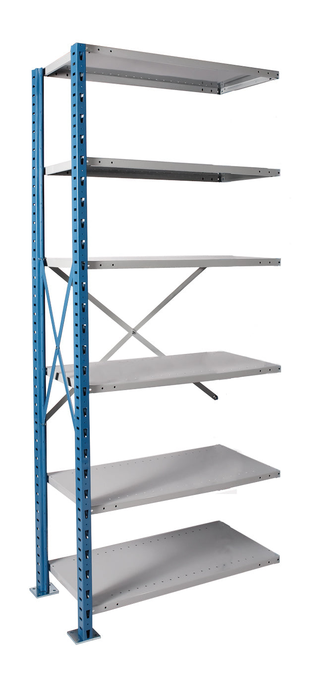 Metal shelving unit with blue frame and gray shelves on a white background