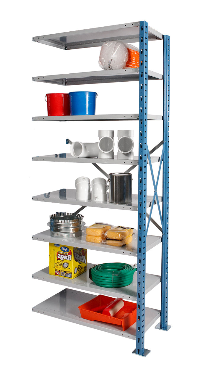 Metal shelving unit with various items on a white background