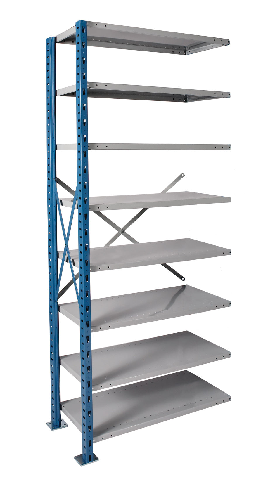 Metal shelving unit with multiple shelves on a white background