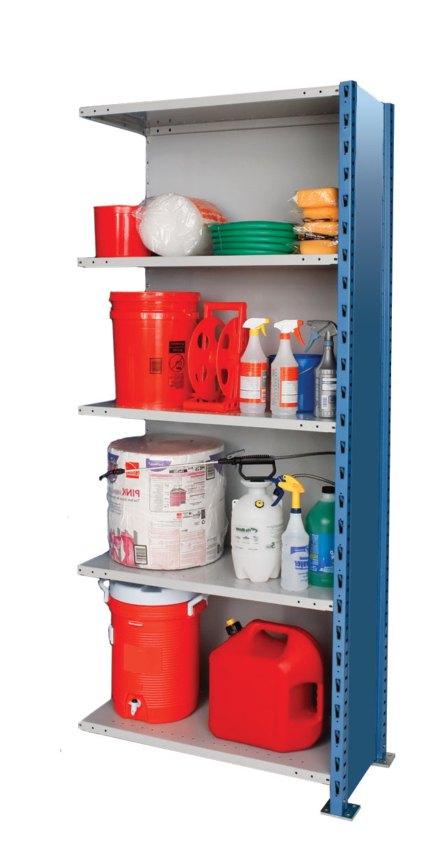 Storage rack with various items including buckets, bottles, and containers on a white background