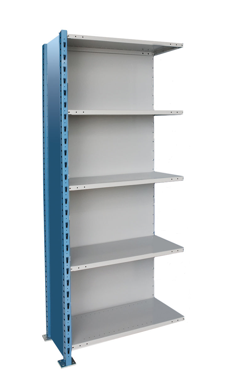 Metal shelving unit with multiple shelves on a white background