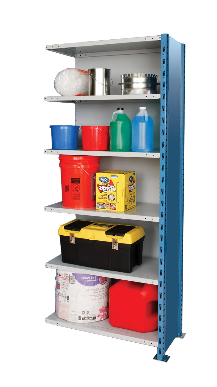 Storage shelf with various items including buckets, cans, and boxes on a white background